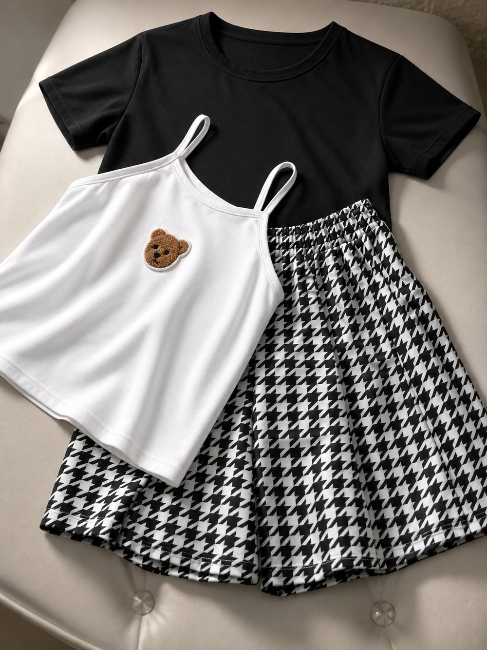 Girls' Black Tee, White Bear Cami & Houndstooth Skirt Set